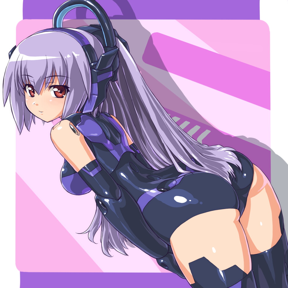 alternate_color, arnval, ass, bent_over, black_legwear, busou_shinki, dd_(artist), doll_joints, elbow_gloves, gloves, long_hair, looking_at_viewer, looking_back, ponytail, purple_hair, red_eyes, smile, solo, tempesta, thighhighs