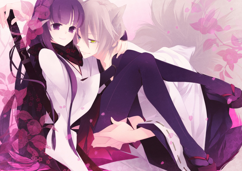1girl, animal_ears, arm_guard, arm_guards, black_legwear, couple, fox_ears, geta, heterochromia, horns, inu_x_boku_ss, japanese_clothes, long_hair, miketsukami_soushi, miko, purple_eyes, purple_hair, scarf, shirakiin_ririchiyo, short_hair, smile, thigh-highs, thighhighs, tokiwa-hazy, violet_eyes, weapon, white_hair