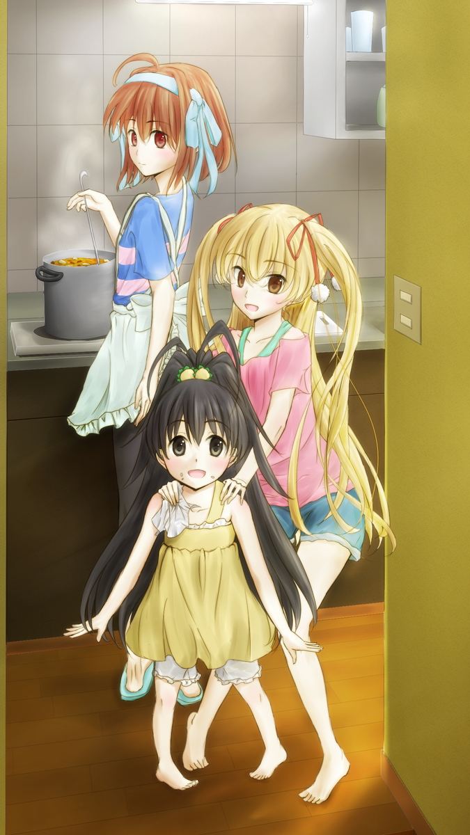 ahoge, apron, barefoot, black_eyes, black_hair, blonde_hair, blush, brown_eyes
