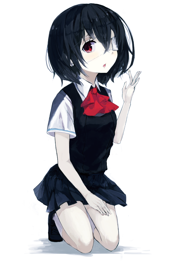another, black_hair, blush, bow, ebra_hem, eyepatch, kneeling, misaki_mei