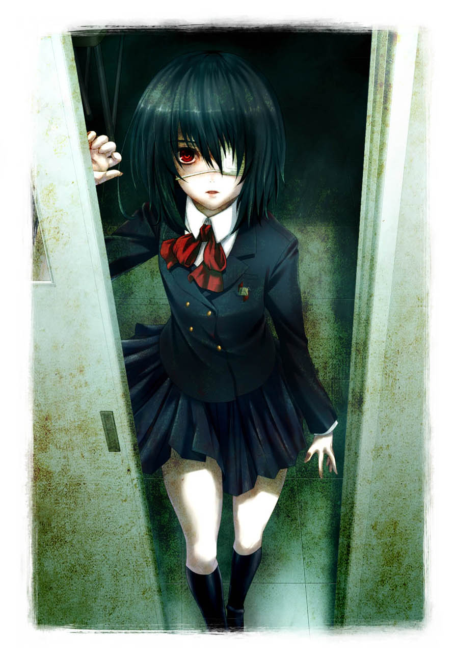 akinntama, another, araki_maki, black_hair, black_legwear, bow, eyepatch, highres
