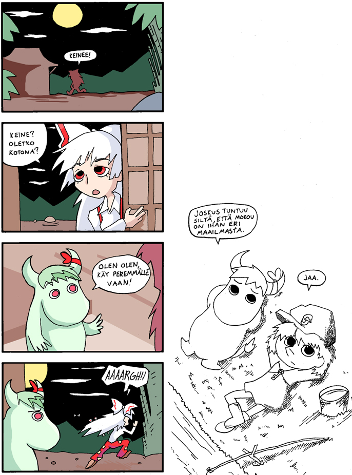 bow, comic, cosplay, drawfag, ex-keine, finnish, fishing_rod, fujiwara_no_mokou, green_hair, horns, kamishirasawa_keine, kawashiro_nitori, key, long_hair, moomin, moon, night, partially_translated, red_eyes, setz, snufkin, snufkin_(cosplay), touhou, translation_request, white_hair