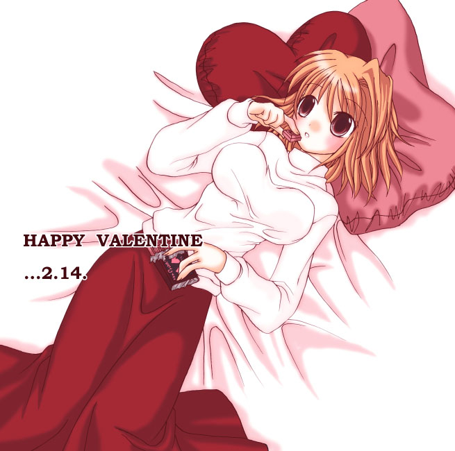 arcueid_brunestud, blonde_hair, breasts, chocolate, happy_valentine, heart, heart_pillow, large_breasts, long_skirt, lying, on_back, pillow, red_eyes, short_hair, skirt, solo, sweater, tsukihime, turtleneck, type-moon, valentine, wakamest