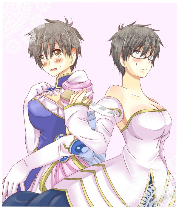 2girls, archetype_earth, arcueid_brunestud, breasts, brown_eyes, brown_hair, cleavage, cosplay