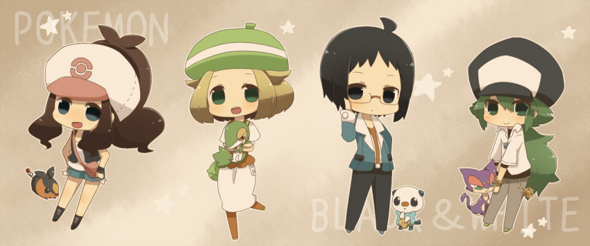 2boys, 2girls, :d, adjusting_glasses, ahoge, bag, bel_(pokemon), beret