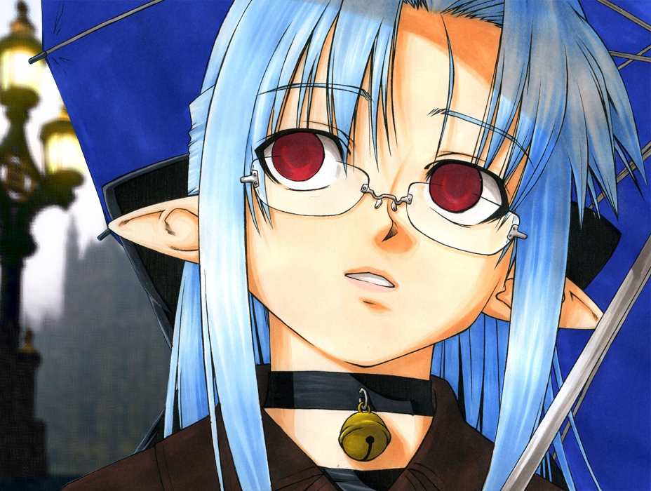 adult, bell, bell_collar, bespectacled, blue_hair, close-up, collar, face