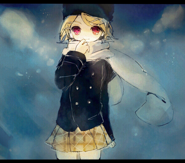 blonde_hair, fur_hat, hair_ornament, hairclip, hat, honey0x0x0, kagamine_rin, letterboxed