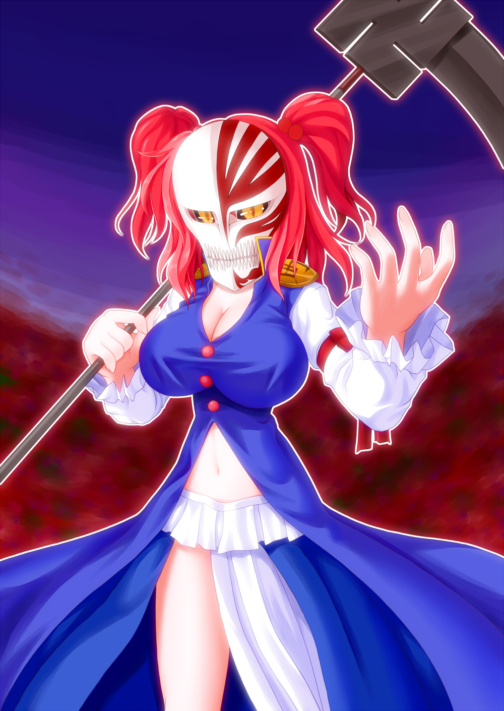adapted_costume, asamura_hiori, black_sclera, bleach, blush, breasts, cleavage, hair_bobbles