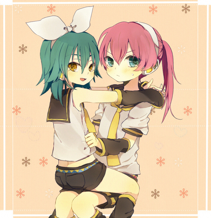:d, androgynous, aqua_hair, bare_shoulders, blue_eyes, border, bow, cosplay