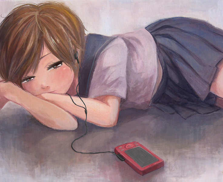 blush, brown_hair, digital_media_player, face, headphones, lying, on_stomach, original