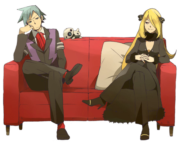 blonde_hair, blue_eyes, blue_hair, couch, crossed_legs, hair_ornament, hair_over_one_eye, high_heels, hiyokko_ep, jewelry, legs_crossed, pillow, pokemon, pokemon_(game), pokemon_dppt, pokemon_rse, ring, shirona_(pokemon), shoes, sitting, tsuwabuki_daigo