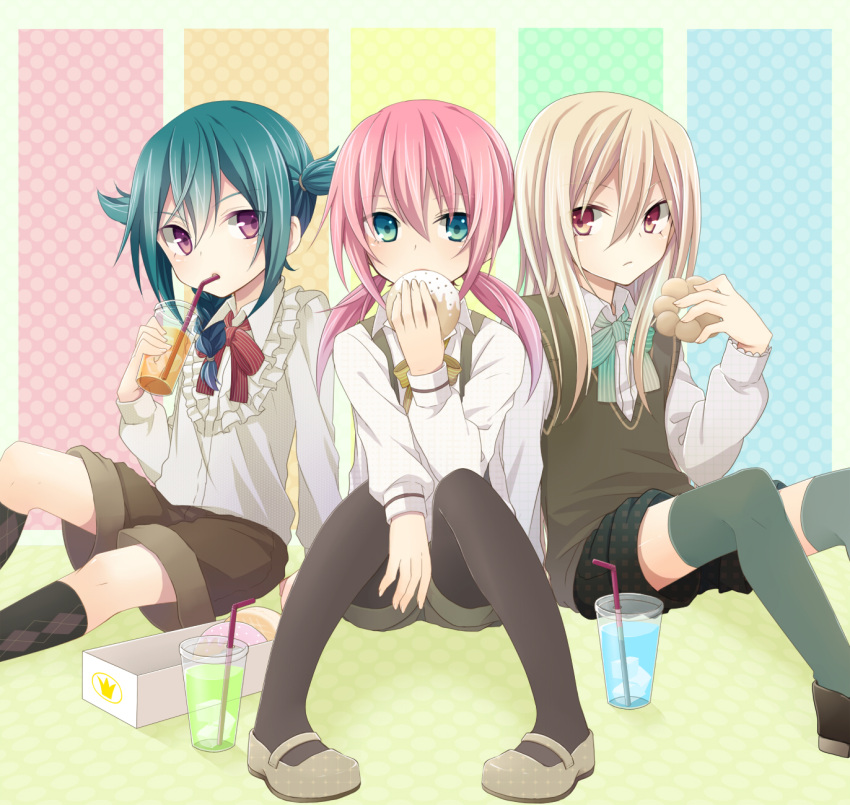 afuro_terumi, androgynous, aqua_eyes, aqua_hair, argyle, argyle_legwear, blonde_hair, bowtie, crossdressinging, crossover, cup, doughnut, drinking, eating, highres, holding, inazuma_eleven, inazuma_eleven_(series), inazuma_eleven_go, izumi39, kirino_ranmaru, kneehighs, looking_at_viewer, male, mary_janes, mistorene_callus, multiple_boys, pantyhose, pink_eyes, pink_hair, red_eyes, shoes, shorts, sitting, straw, sweater_vest, thigh-highs, thighhighs, trap, twintails