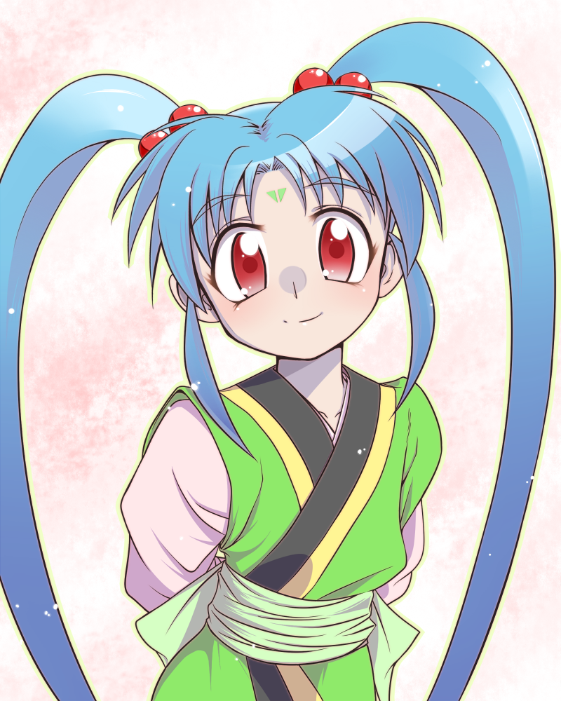 arms_behind_back, bad_id, blue_hair, collarbone, facial_mark, forehead_mark, hair_bobbles, hair_ornament