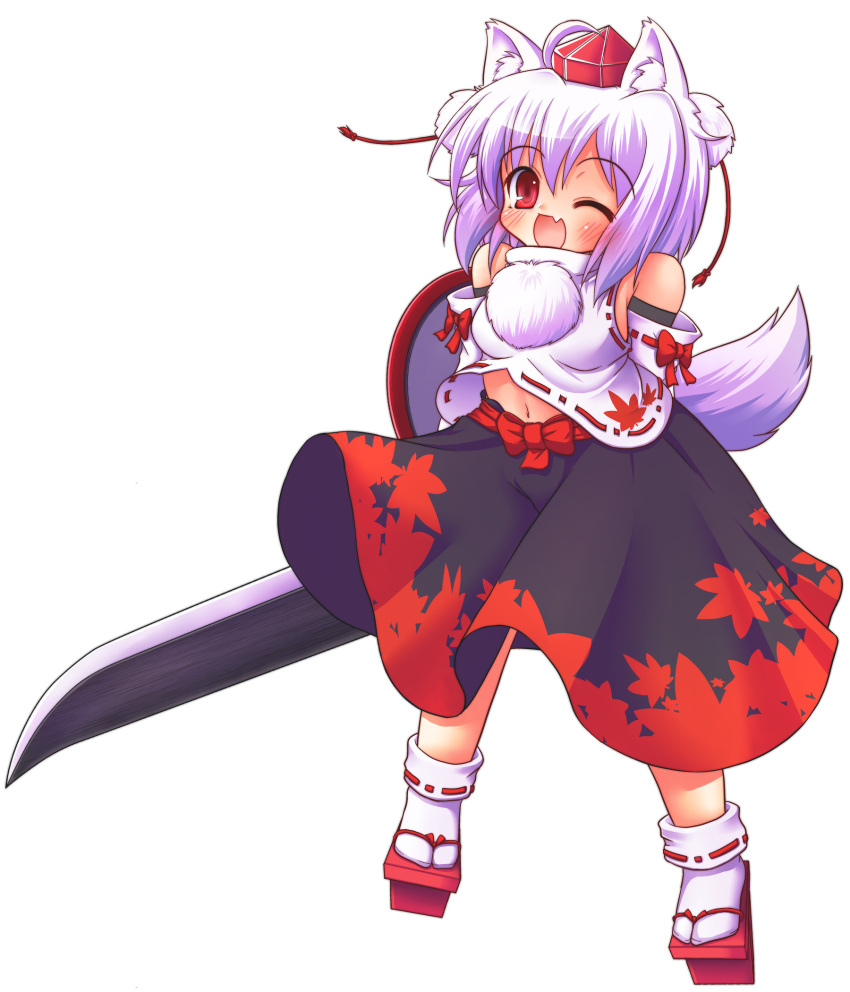 arms_behind_back, bare_shoulders, detached_sleeves, fang, geta, hat, highres, inubashiri_momiji