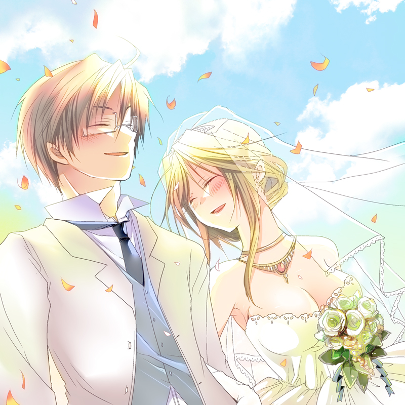 blonde_hair, blush, bouquet, breasts, bridal_veil, bride, brown_hair, cleavage