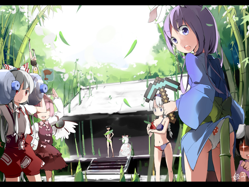 6+girls, adjusting_swimsuit, alternate_costume, animal_ears, arm_up, ass, bamboo, bamboo_forest