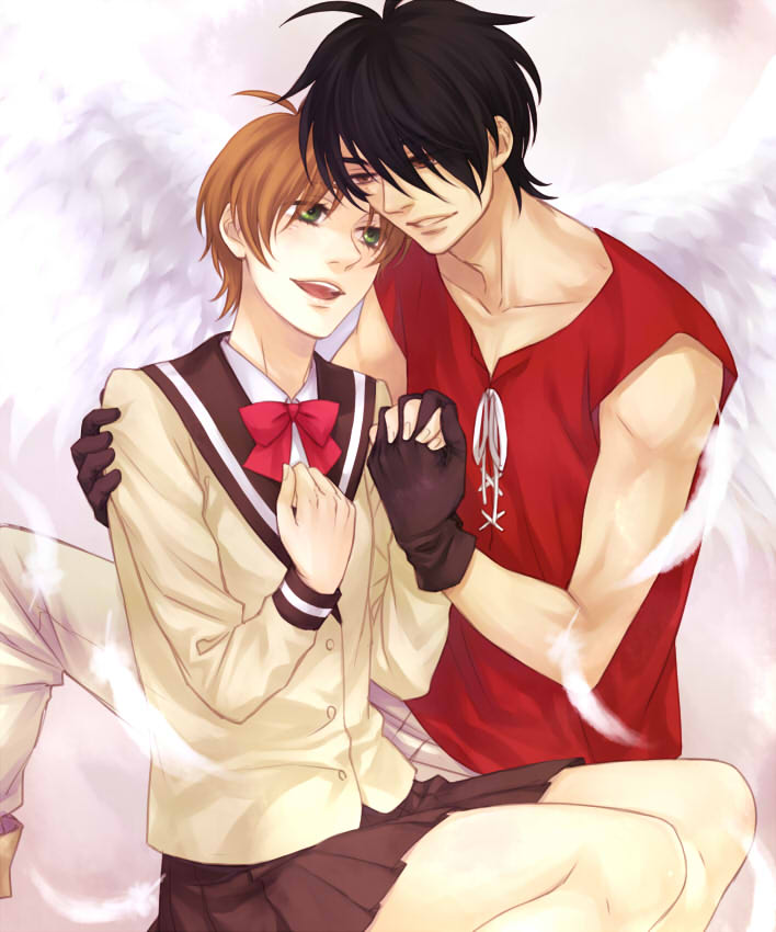 1girl, black_hair, bowtie, brown_eyes, brown_hair, couple, feathers, gloves