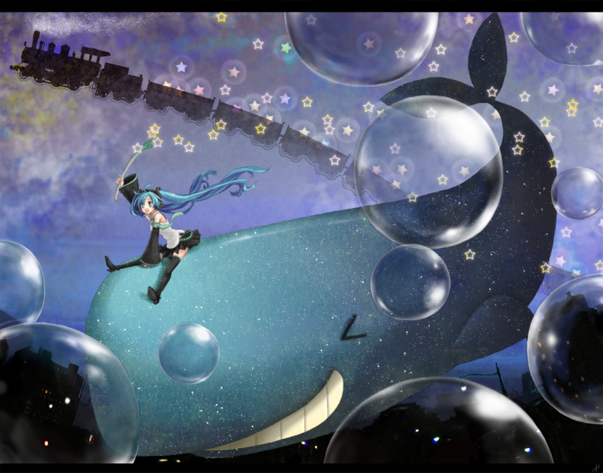 aqua_eyes, aqua_hair, arm_up, boots, bubble, detached_sleeves, floating_hair, grin