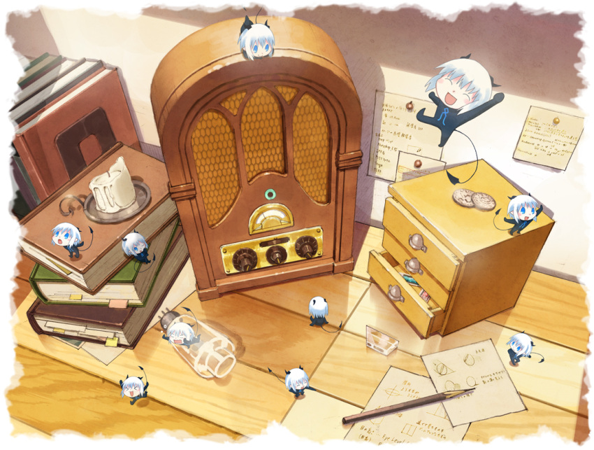 book, candle, chibi, coin, demon_girl, desk, horns, paper, pencil, radio, rh, tail, white_hair, wooden_pencil