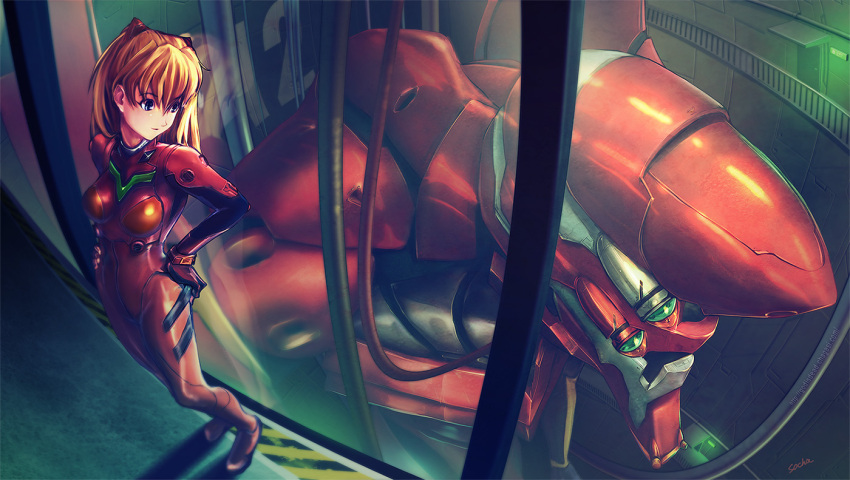 brown_hair, eva_02, hands_on_hips, long_hair, mecha, neon_genesis_evangelion, plugsuit, socha_(pixiv99744)