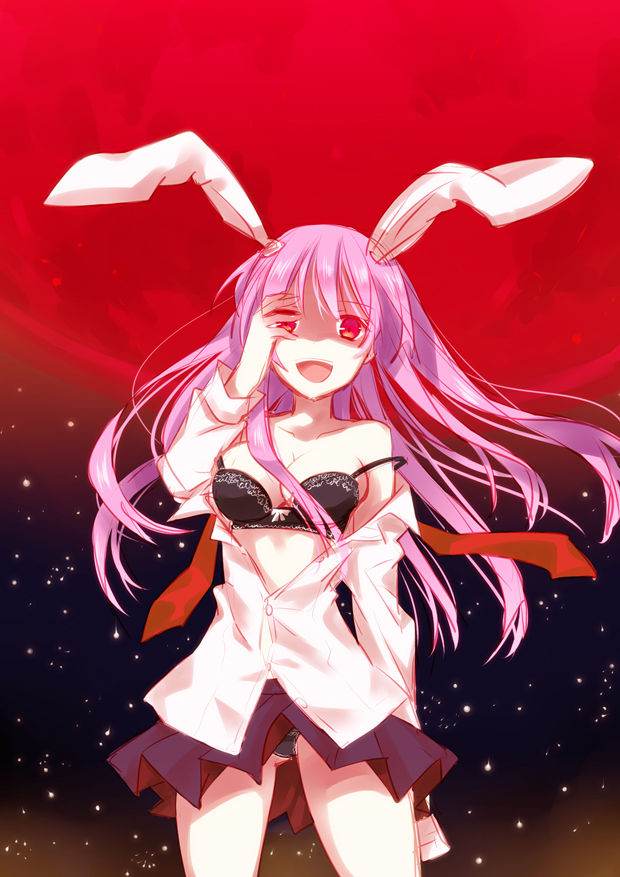 animal_ears, bare_shoulders, black_bra, black_panties, bra, breasts, bunny_ears, cleavage, dress_shirt, full_moon, hand_over_eye, izumi_minami, lingerie, long_hair, looking_at_viewer, moon, off_shoulder, open_clothes, open_mouth, open_shirt, panties, pink_hair, pleated_skirt, red_eyes, red_moon, reisen_udongein_inaba, shaded_face, shirt, skirt, slightly_open_shirt, solo, strap_slip, touhou, underwear