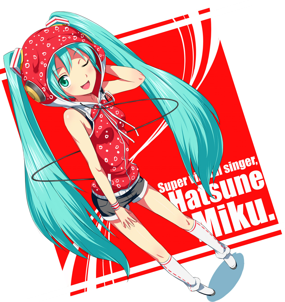 aqua_eyes, aqua_hair, character_name, cola_miku, hand_on_headphones, hatsune_miku, headphones, hoodie, kneehighs, long_hair, looking_at_viewer, open_mouth, shorts, solo, twintails, underthreat, very_long_hair, vocaloid, wink