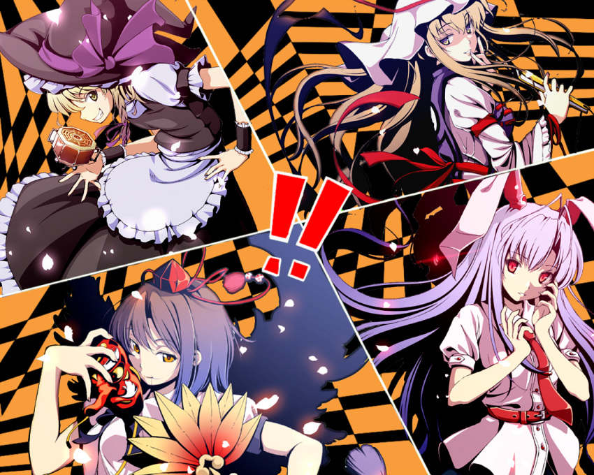 aka_ringo, all-out_attack, animal_ears, black_hair, blonde_hair, bunny_ears, ddd_(artist), fan, hat, kirisame_marisa, mask, mini-hakkero, necktie, parody, persona, persona_4, purple_hair, rabbit_ears, red_eyes, reisen_udongein_inaba, shameimaru_aya, tengu_mask, tokin_hat, touhou, yakumo_yukari, yellow_eyes
