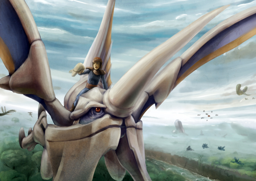 cloudy_sky, dragon, flat_chest, flying, gun, helmet, highres, horn, keil_fluge, landscape, panzer_dragoon, pistol, red_eyes, sega, weapon