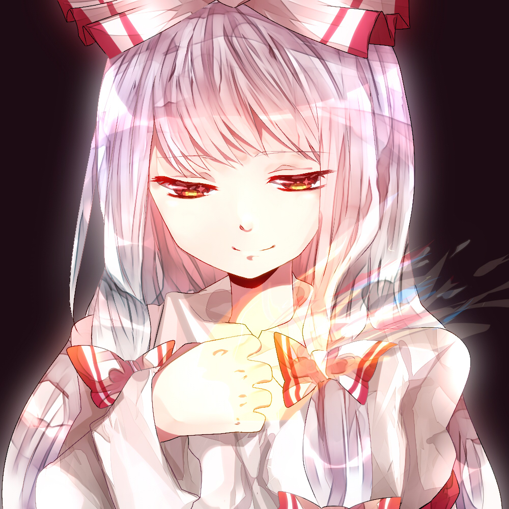 arm_up, bow, flame, fujiwara_no_mokou, hair_bow, hair_ribbon, long_hair, ribbon