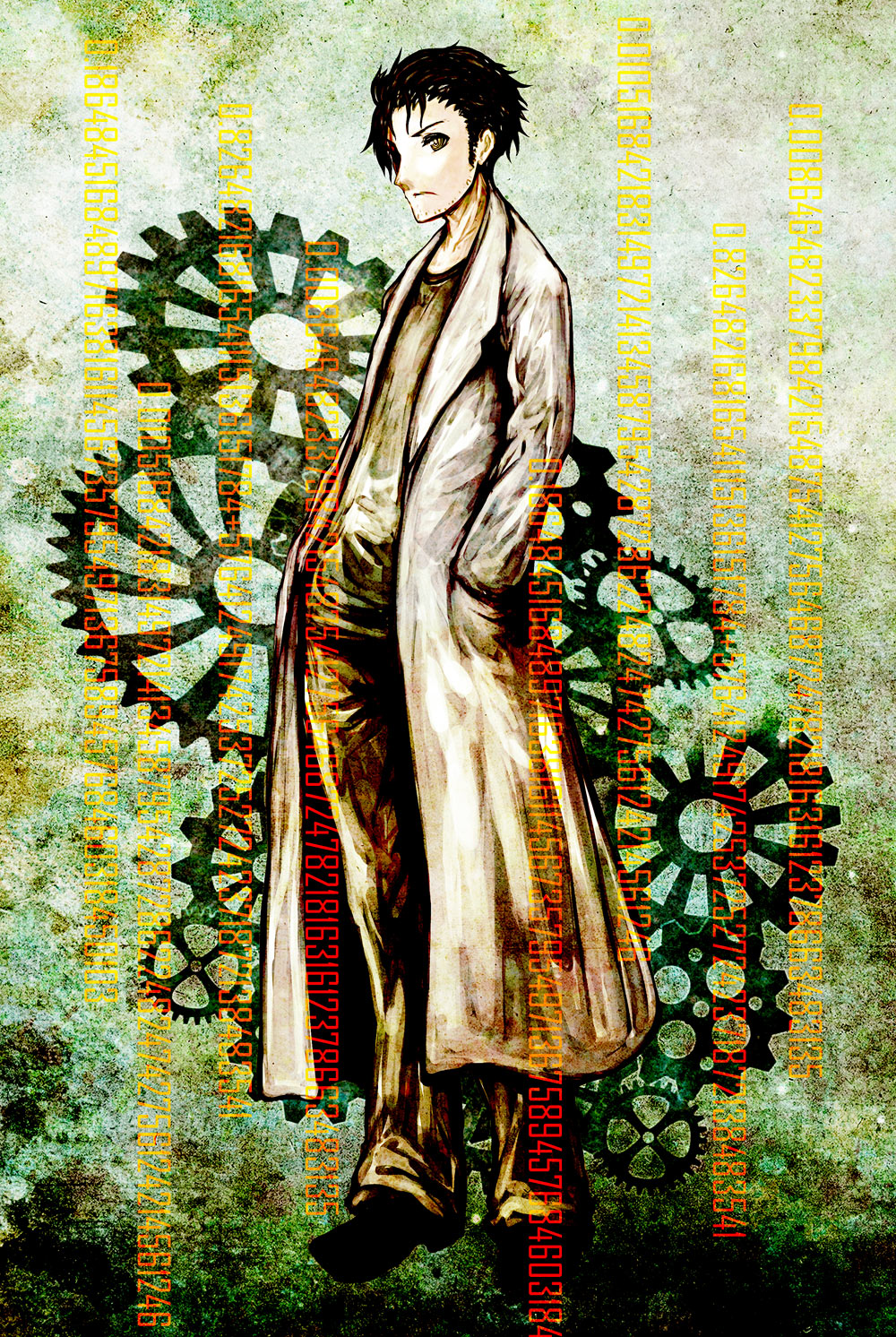 1boy, akasia, black_hair, facial_hair, green_eyes, highres, labcoat, male