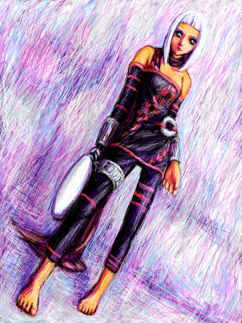 bare_shoulders, barefoot, flat_chest, gun, leggings, orta, panzer_dragoon, panzer_dragoon_orta