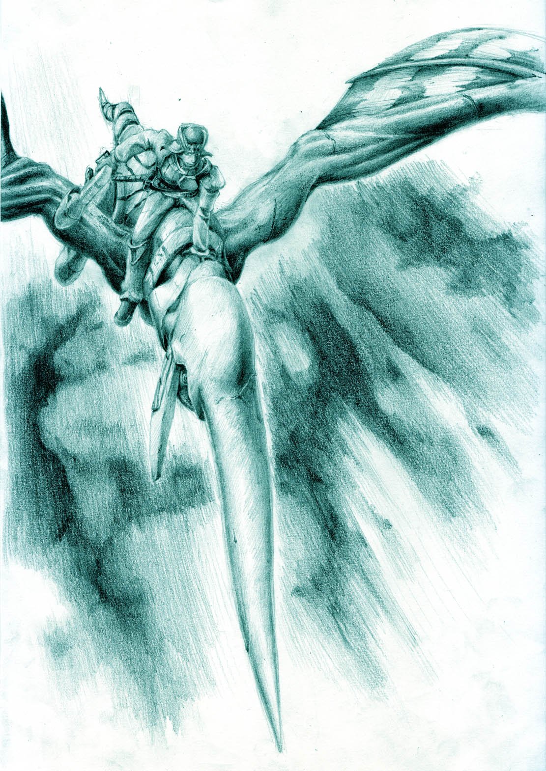 armor, dragon, flying, gun, highres, horn, keil_fluge, monochrome
