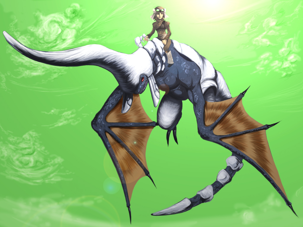 cloudy_sky, dragon, dragon_tail, flying, goggles, goggles_on_head, horn, keil_fluge
