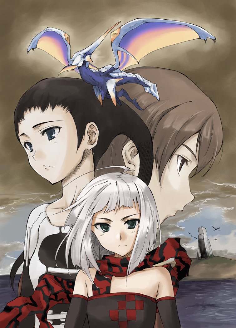 aqua_eyes, azel_(panzer_dragoon), bare_shoulders, black_hair, blue_eyes, brown_hair, cloud, detached_sleeves