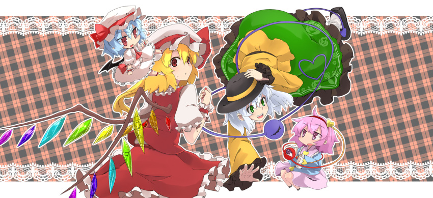 bad_id, blonde_hair, blue_hair, chibi, fang, flandre_scarlet, gen_ariyoshi, green_eyes, hairband, hat, highres, komeiji_koishi, komeiji_satori, looking_back, minigirl, multiple_girls, pink_eyes, pink_hair, pointy_ears, red_eyes, remilia_scarlet, short_hair, siblings, side_ponytail, silver_hair, sisters, smile, third_eye, touhou, wings, wrist_cuffs