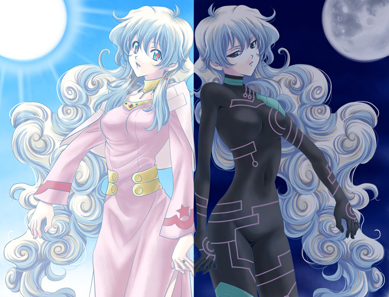 antispiral_nia, blue_eyes, blue_hair, bodysuit, curly_hair, dark_persona, dress, dual_persona