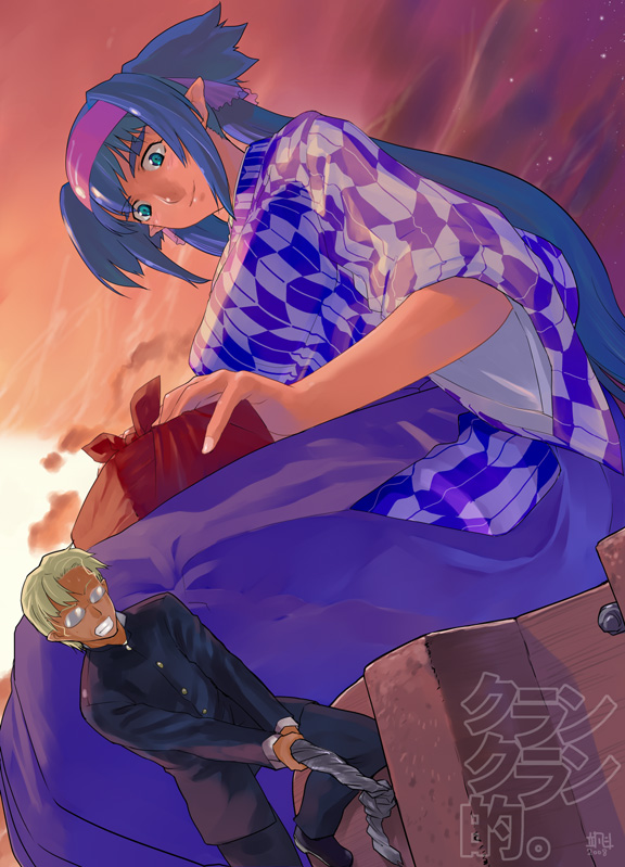 1girl, blue_hair, giantess, glasses, green_eyes, headband, klan_klein, long_hair