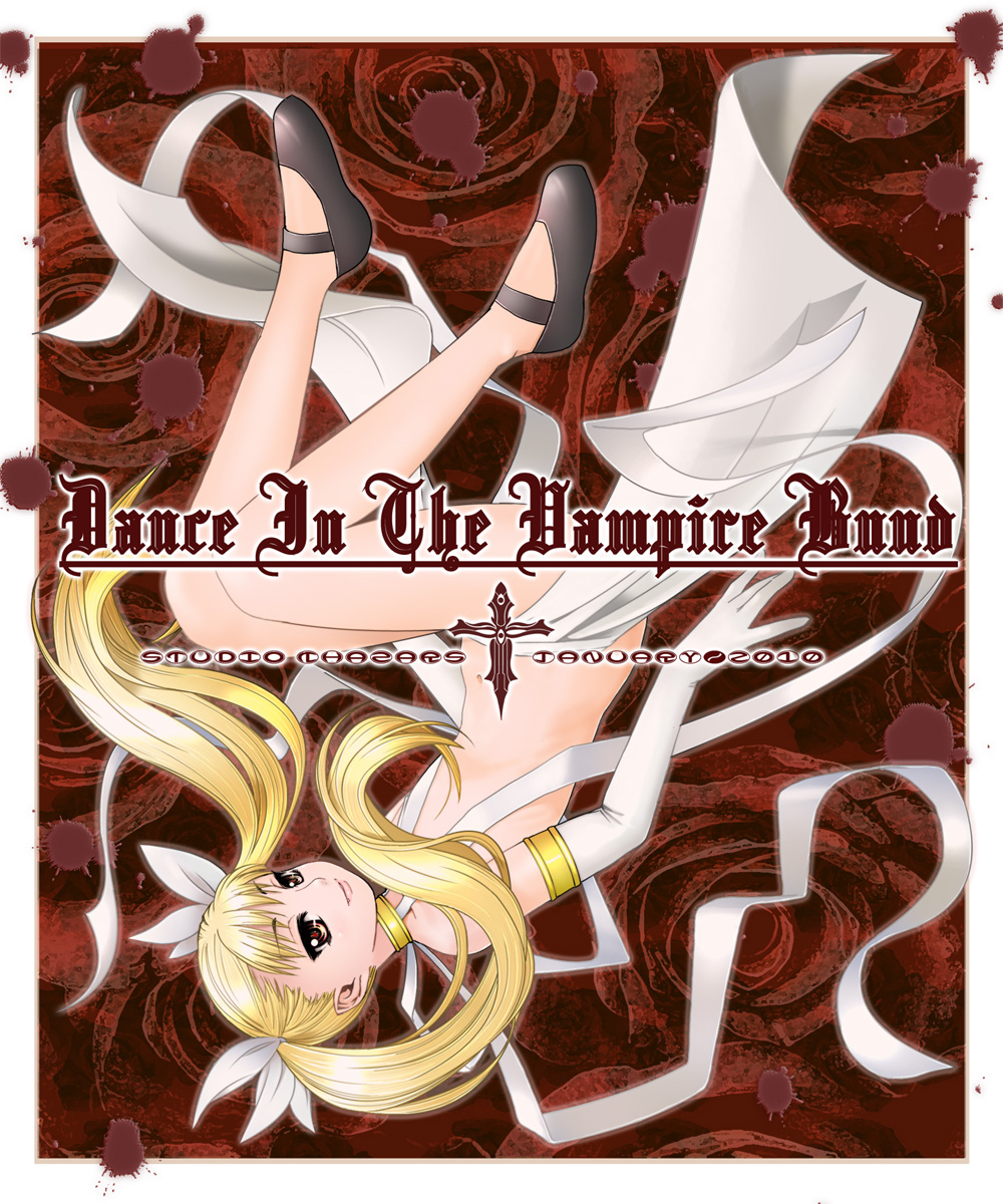 blonde_hair, dance_in_the_vampire_bund, elbow_gloves, fang, flat_chest, gloves, hair_ribbon, highres, ishida_masatsuki, mina_tepes, pointy_ears, red_eyes, ribbon, shoes, twintails, upside-down
