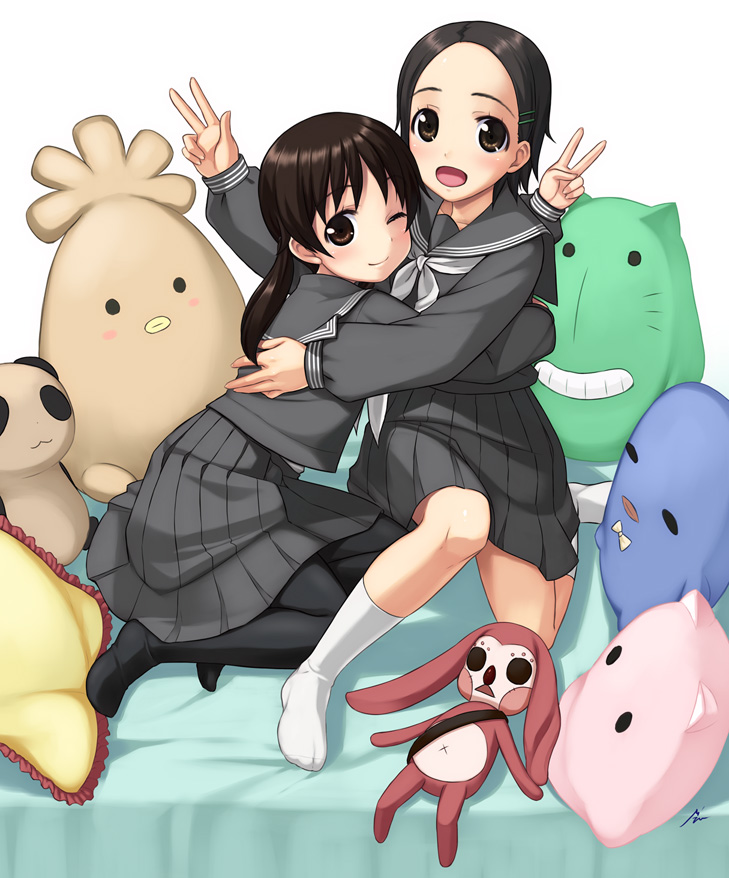black_hair, black_legwear, blush, brown_eyes, character_request, hair_ornament, hairclip, hug
