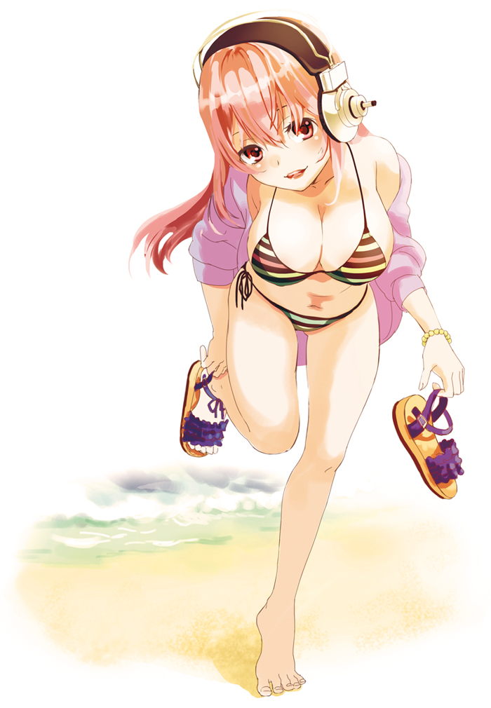 barefoot, beach, bikini, breasts, cleavage, headphones, izumi_(sachikara), large_breasts