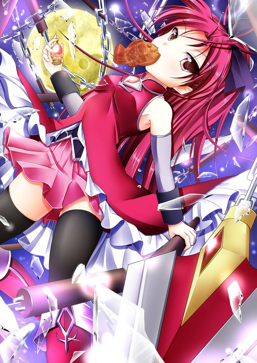 armpits, black_thigh-highs, broken_glass, campbell_(pixiv), chain, chains, cleavage_cutout, dutch_angle, food, food_in_mouth, glass, highres, long_hair, looking_at_viewer, magical_girl, mahou_shoujo_madoka_magica, moon, mouth_hold, polearm, ponytail, red_hair, redhead, sakura_kyouko, sleeveless, solo, soul_gem, spear, taiyaki, thigh-highs, thighhighs, tsurime, wagashi, weapon, zettai_ryouiki