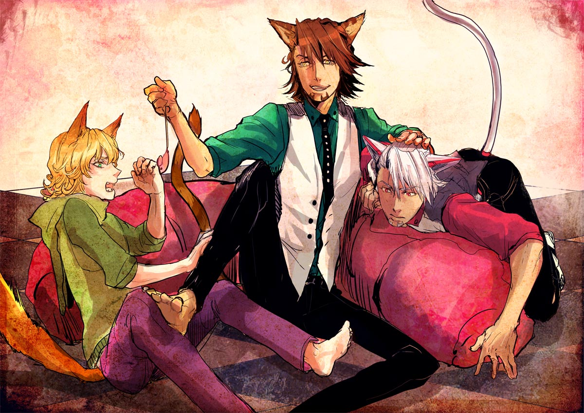 3boys, akebi_miso, animal_ears, barefoot, barnaby_brooks_jr, blonde_hair, brown_eyes, brown_hair, cat_ears, cat_tail, cat_teaser, dark_persona, dual_persona, ebitetsu, facial_hair, glasses, green_eyes, hoodie, jacket, kemonomimi_mode, multiple_boys, necktie, red_jacket, short_hair, stubble, tail, tiger_&amp;_bunny, vest, waistcoat, white_hair