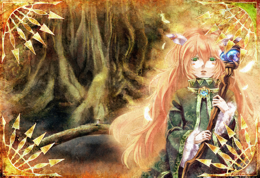 1girl, androgynous, facepaint, feathers, fur_trim, green_eyes, hair_feathers, highres, long_hair, popoie, red_hair, redhead, seiken_densetsu, seiken_densetsu_2, staff, sword, tree, tunic, weapon, yosioog3