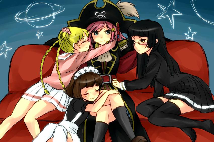 black_hair, black_legwear, blonde_hair, blue_eyes, braid, brown_hair, buckle, chiaki_kurihara