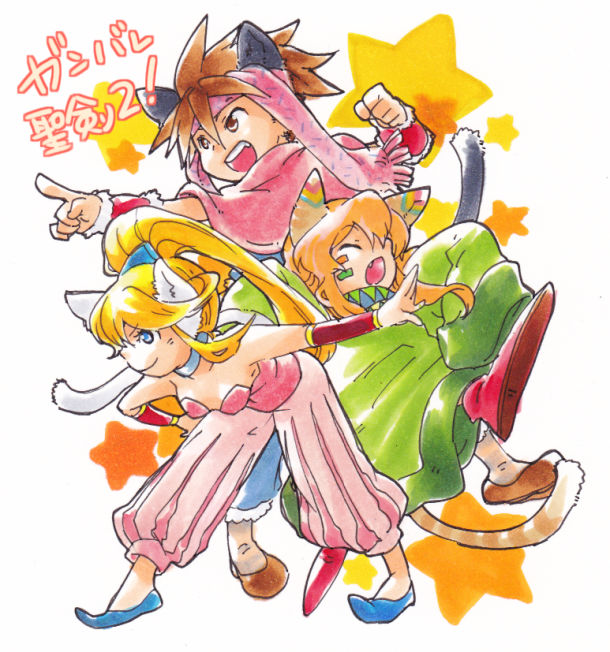 1boy, 2boys, 2girls, androgynous, animal_ears, bare_shoulders, capelet, cat_ears