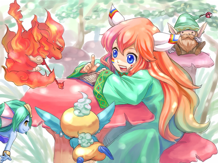 1girl, androgynous, blue_eyes, book, feathers, fire, gnome_(seiken_densetsu), hair_feathers