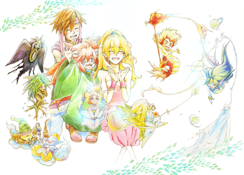 2boys, anarock_1-gou, androgynous, artist_request, blonde_hair, brown_hair, clapping, closed_eyes