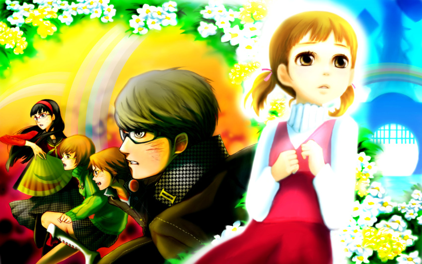 3girls, amagi_yukiko, badge, black_hair, breasts, brown_eyes, brown_hair, bruise