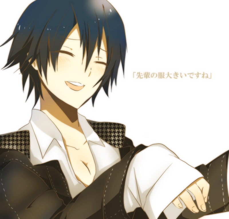 androgynous, bad_id, blue_hair, breasts, cleavage, closed_eyes, collared_shirt, cosplay