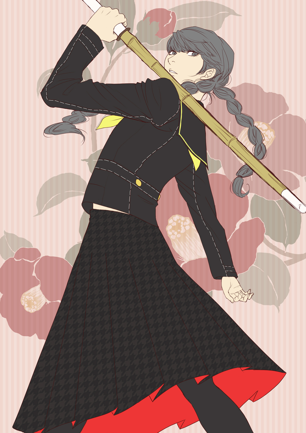crossdressinging, disco_volante, grey_eyes, grey_hair, highres, long_hair, looking_back, looking_behind, narukami_yuu, pantyhose, persona, persona_4, school_uniform, serafuku, skirt, sukeban, thigh-highs, thighhighs, trap, twintails